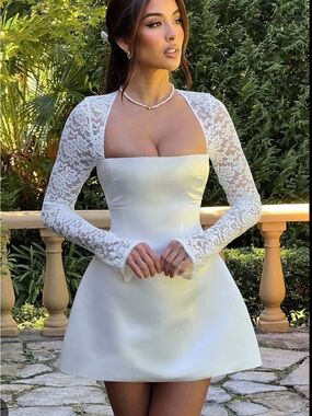 White Ivory Lace-Sleeve Square Neck Bridal Mini Dress